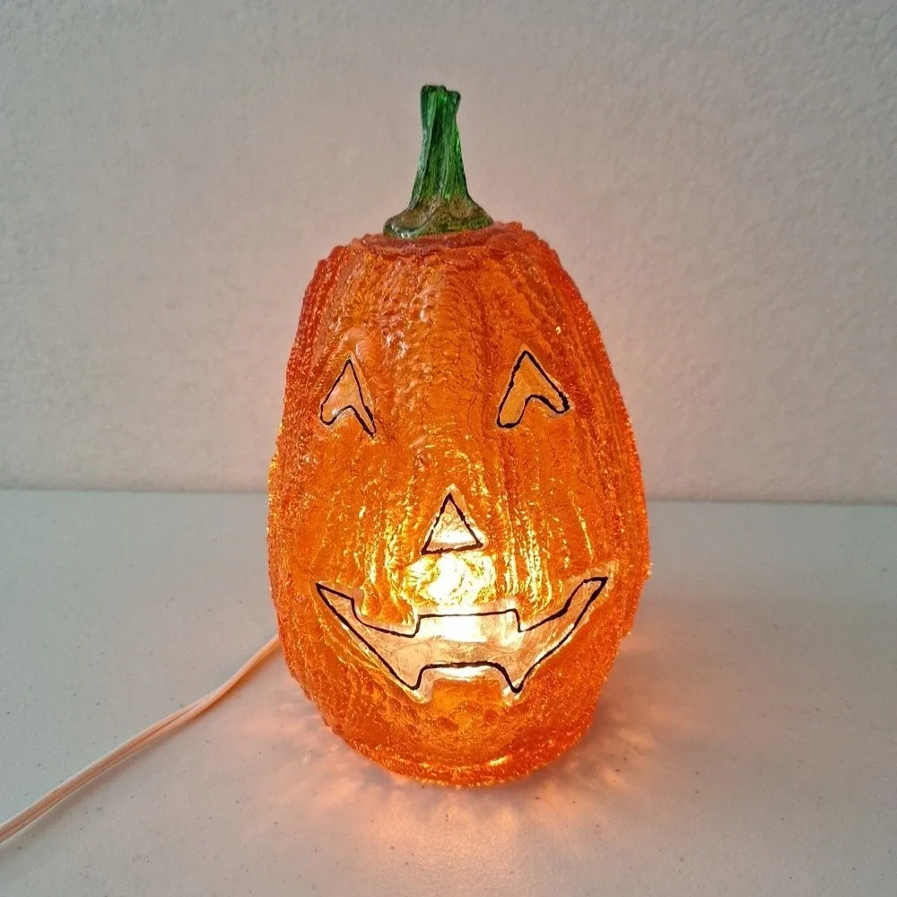 Vintage Halloween Pumpkin Melted Plastic Popcorn Light Up Jack O Lantern Lamp 8